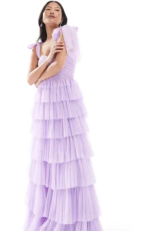 Lace & Beads Bridesmaid bow shoulder tulle maxi dress in lilac