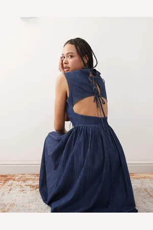 Reclaimed Tie back denim midi dress in indigo