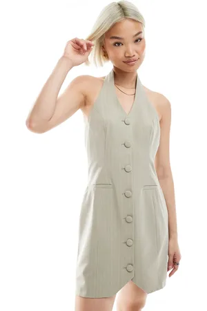 Miss Selfridge Tailored halter mini dress in khaki pinstripe