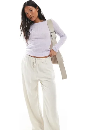 Miss Selfridge Linen blend drawstring waist wide leg pants in stone