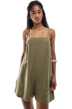 Miss Selfridge Linen blend tie shoulder romper in khaki