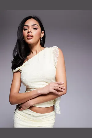 Love Triangle Lace asymmetric top in lemon - part of a set