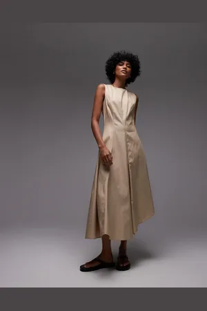 MANGO Premium cotton pleat detail midi dress in light beige