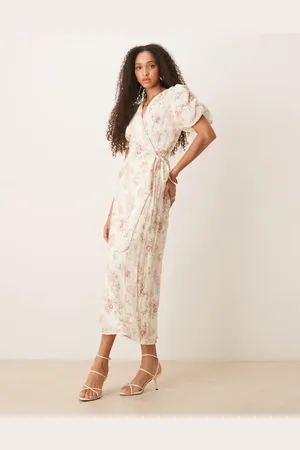 Gina Tricot Puff short sleeve v neck wrap tie front midi dress in flower print