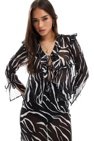 Esmée Esmee Exclusive sheer tie front beach top with ruffle trim in zebra