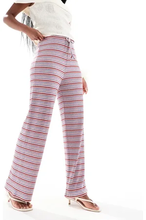 Pieces® Wide leg ribbed pants in blue and burgundy stripe