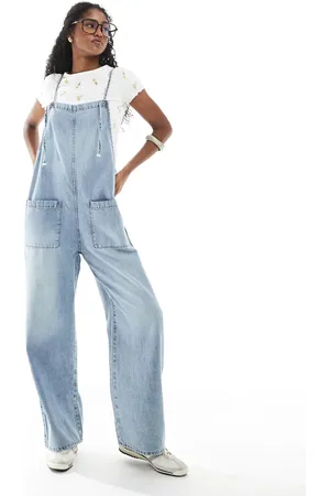Monki Denim tie detail overalls in light wash