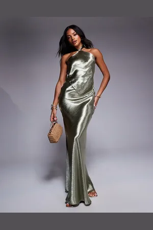 Aria Cove Hammered satin knot front halterneck scarf hem detail maxi dress in green