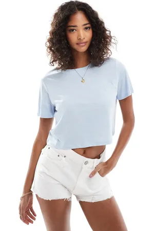 Pieces® Cropped short sleeve T-shirt in chambray