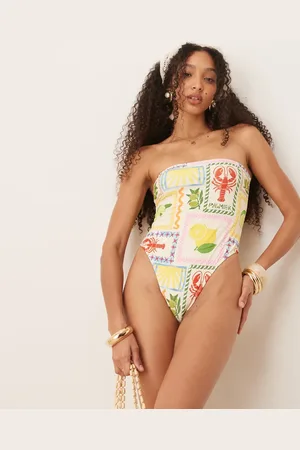 ASOS Olive Bandeau Swimsuit in tile print