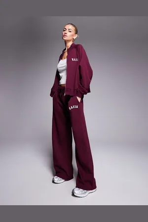 Kaiia Embroidered logo wide leg sweatpants in burgundy - part of a set