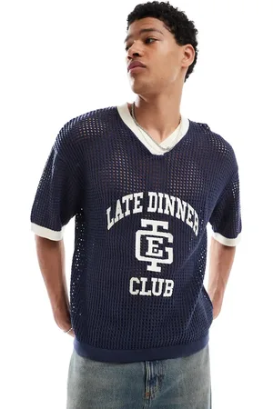 Bershka Knit mesh late club t-shirt in navy
