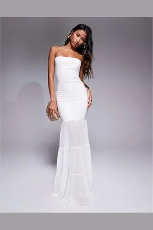 Kaiia Exclusive bandeau slinky mesh hem maxi dress in cream