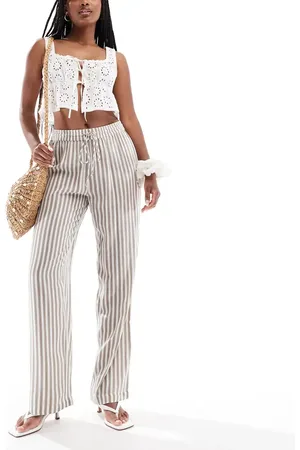 Pieces® High waist wide leg pants in moonrock and white stripe