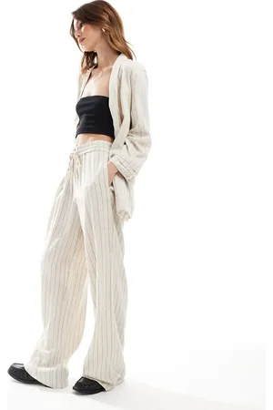 Pieces® Mix & match linen mix wide leg pants in birch cream and black stripe