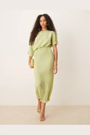 Never Fully Dressed Tilly metallic plisse maxi dress in pistachio