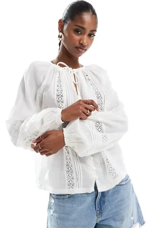 ONLY Tie front long sleeve top with embroidery details in