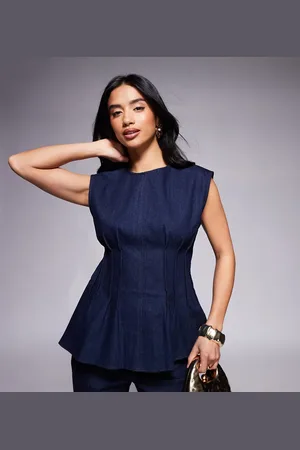River Island Pintuck denim poplin top in darkwash blue - part of a set