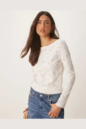 Gina Tricot Sheer long sleeve lace top with fluted sleeves in off