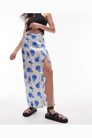 Topshop Floral rose bias cut slit midi skirt in