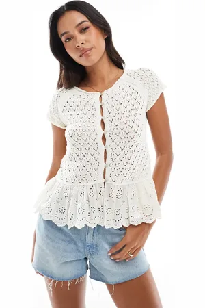 Stradivarius Embroidered frill hem knit top in ecru