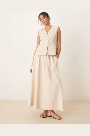 Y.A.S Linen mix full midi skirt in birch cream
