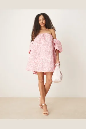 Y.A.S Textured rose jaquard off shoulder mini dress in