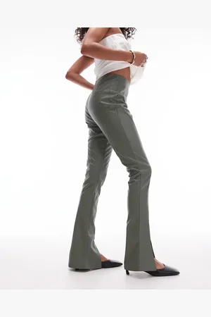 Topshop Faux leather seamed flare pants in khaki