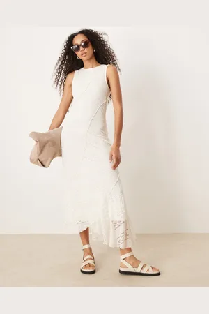 Gina Tricot Antique lace craft sleeveless asymmetric hem midi dress in natural off