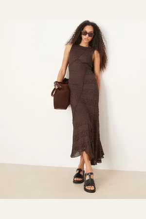 Gina Tricot Antique lace craft sleeveless asymmetric hem midi dress in