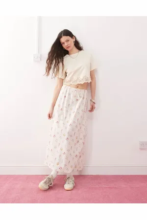 Miss Selfridge Linen mix midi slip skirt in cream floral print