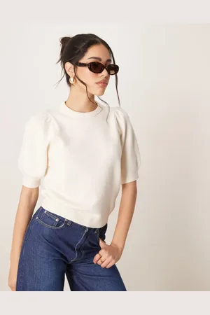 Gina Tricot Knitted short sleeve sweater with puff sleeves in cream