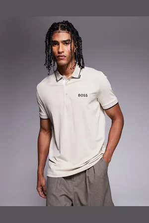 HUGO BOSS Paddy Pro logo icon stripe tipping jersey polo in beige