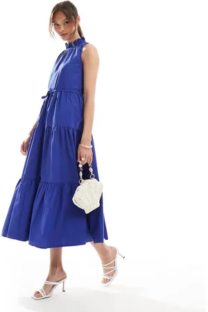 French Connection High neck tiered poplin midaxi dress in