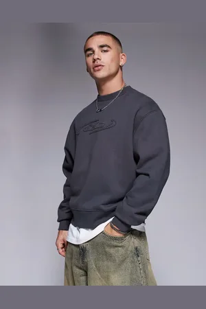 ASOS Premium heavyweight 400gsms boxy oversized crew with chest print and raw edqe applique in charcoal