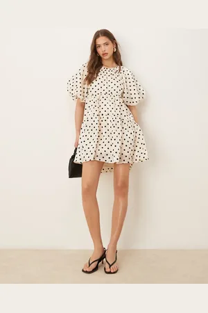 Y.A.S Balloon sleeve voluminous mini dress in cream with black polka dots