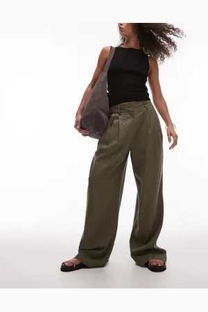 Topshop Linen high waist double pleat pants in khaki