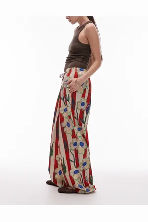 Topshop Linen balloon red stripe floral stripe pants