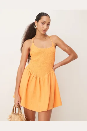ASOS Scoop neck crinkle mini dress with cross back in papaya