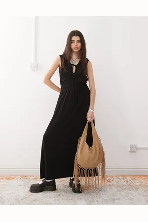 Reclaimed Linen blend maxi sundress with ruching and ties in