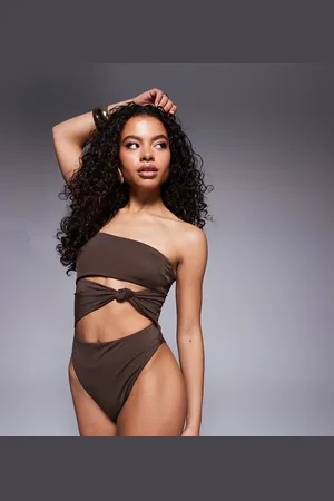 ASOS Petite Nina knot swimsuit in chocolate brown