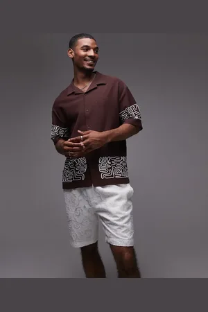 Topman Oversized fit textured button down jersey shirt with geo cord embroidery in