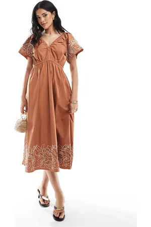 French Connection Cambria cotton embroidered midi dress in coffee