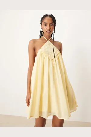 ASOS Embroidered halter neck mini puff dress in lemon