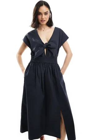 French Connection Barletta cotton poplin tie midi dress in