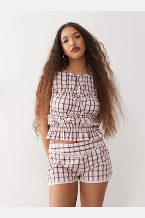 Reclaimed Shirred top with seam details in pink plaid