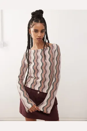 Reclaimed Wavy crochet flare sleeve slash neck top in stripe