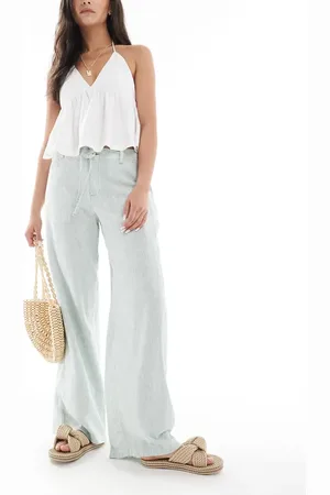 Hollister Low rise linen blend super baggy pants in green and stripe
