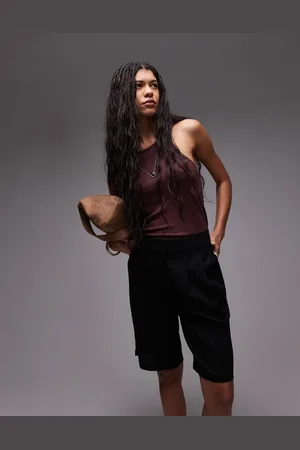 Topshop Linen mix longline shorts in black