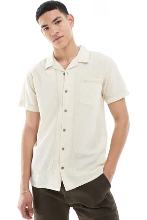 Threadbare Short sleeve cotton shirt in stone with ladder border detail